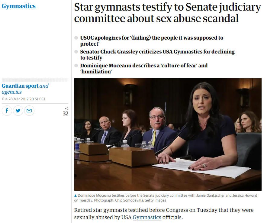 The film of the gymnasts giving evidence to the Senate Committee is embedded in the article.